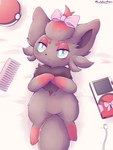 black_body black_fur blue_eyes female feral fur generation_5_pokemon luckyrumi nintendo pokeball pokedex pokemon pokemon_(species) red_body red_fur ribbons solo zorua