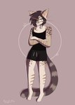 abstract_background absurd_res anthro bottomwear charm_(jewelry) clothing collar crossed_arms cumcadaver domestic_cat felid feline felis hi_res male mammal mottled shirt shorts simple_background solo stripes tank_top topwear