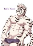 2022 5_fingers abs absurd_res anthro biceps black_ears black_eyebrows black_eyes black_stripes black_tail bulge character_name clothing coldrey_hansen comic eyebrows felid fingers fur genitals hi_res kumak71395 male mammal muscular muscular_male navel pantherine pecs penis penis_base simple_background solo striped_body striped_fur stripes tail text tiger url vein veiny_penis white_background white_body white_ears white_fur white_tail