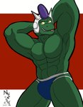 2023 abs alien anthro armor backlighting black_outline blue_clothing blue_thong blue_underwear blueberry's_race blueberry_(dragon_ball) bottomwear bulge clothed clothing crocodilian digital_media_(artwork) dragon_ball dragon_ball_z eyebrows green_body green_eyebrows green_skin hands_above_head hands_behind_head headgear helmet hi_res horn horned_helmet light lighting looking_aside male muscular muscular_anthro muscular_arms muscular_chest muscular_legs muscular_male outline pattern_background pinup pose red_background reptile scalie simple_background smile smirk snout solo striped_background text text_on_bottomwear text_on_clothing thong tongue tongue_out topless topless_anthro topless_male underwear watermark wearing_helmet wearing_thong white_background white_helmet white_waistband yellow_eyes zangokunatenshi