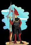 absurd_res alpha_channel anthro cape claws clothing dragon female hi_res melee_weapon mythological_creature mythological_scalie mythology polearm red_body scales scalie solo spear tail weapon youmadsin