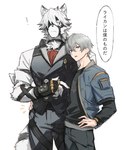 absurd_res anthro ascot canid canine canis clothing duo fur grey_hair hair harness hi_res human kadomori_09 leather leather_harness male mammal mihoyo size_difference text topwear translated vest von_lycaon white_body white_fur wise_(zenless_zone_zero) wolf zenless_zone_zero