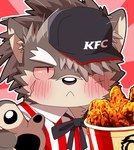 anthro aroenikuniku blush canid canine canis chicken_meat domestic_dog facial_scar food fried_chicken fur grey_body grey_fur hair hair_over_eye hi_res kfc kfc_bucket lifewonders long_hair male mammal meat pawpads ponytail scar shino_(tas) solo tokyo_afterschool_summoners