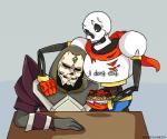 6:5 angry animated_skeleton armor bone brieonabentley clothing crossover duo english_text food gloves handwear hood humanoid lucien_(runescape) mahjarrat not_furry papyrus_(undertale) pasta runescape simple_background skeleton spaghetti text undead undertale undertale_(series)