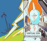 angel armor bandai_namco black_body black_fur demidevimon demon digimon digimon_(species) duo english_text feral fur headgear helmet hi_res humanoid humor lightning_bolt male meme notaventura redraw seraphimon text virtual_sin_forgiveness