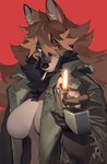 anthro big_hair black_nose breasts brown_body brown_fur canid canine canis chest_tuft cigarette cigarette_in_mouth cigarette_smoke claws clothed clothing coat colored duster_coat exposed_breasts eye_scar facial_scar fangs female finger_claws fire fur grin hair hi_res inner_boob inner_ear_fluff kuon_(telson) lighter long_coat looking_at_viewer mammal mane object_in_mouth offering_to_viewer partially_clothed purple_eyes reaching_towards_viewer red_background scar shaded side_boob simple_background smile smoke solo tan_body tan_fur tan_hair teeth telson topwear torn_sleeves tuft wolf