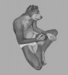 2013 5_fingers anthro biped briefs bulge clothed clothing crossed_legs digital_media_(artwork) digital_painting_(artwork) domestic_cat eyes_closed feet felid feline felis fingers frown full-length_portrait grey_background greyscale high-angle_view holding_object humanoid_feet humanoid_hands keith_haring leaning leaning_forward letterbox male mammal monochrome nude plantigrade portrait rampack simple_background sitting slim solo tattoo tattooing tattooing_self tighty_whities topless underwear white_briefs white_clothing white_underwear