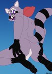 anthro anus butt ciel-wolf feet fur genitals indigo_park male mammal procyonid purple_body purple_eyes purple_fur raccoon rambley_raccoon red_scarf scarf skinny solo tail