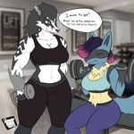 1:1 absurd_res anthro athletic_wear bench big_breasts bra breasts clothing comic dialogue duo female generation_4_pokemon generation_8_pokemon gym hi_res leggings legwear lucario muscular muscular_female nintendo obstagoon pokemon pokemon_(species) rhode_arts size_difference sports_bra tina_(rhode_arts) training underwear