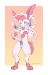 absurd_res anthro blue_eyes blue_inner_ear blush blush_lines bow_ribbon canid canine clitoris digital_media_(artwork) ear_tuft eeveelution female fur generation_6_pokemon genitals hi_res leg_markings looking_down mammal markings multicolored_body multicolored_fur navel nervous nintendo nude paws pink_body pink_ears pink_fur pink_tail pokemon pokemon_(species) presenting presenting_pussy pussy ribbons shy simple_background socks_(marking) solo standing starpeeen sylveon tail tuft two_tone_body two_tone_fur white_body white_fur