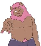 2024 anthro belly blep blue_boxer_briefs blue_clothing blue_underwear boxer_briefs brown_body brown_fur bulge claws closed_smile clothing digital_media_(artwork) eyebrows felid finger_claws fingers flat_colors front_view fur gesture half-length_portrait hand_gesture hi_res lion looking_back male mammal mane mouth_closed multicolored_body multicolored_fur musclegut muscular muscular_anthro muscular_male one_eye_closed overweight overweight_anthro overweight_male pantherine pecs pink_body pink_fur pink_nose pink_tongue portrait pubes signature simple_background smile snout solo standing tangkookie tongue tongue_out two_tone_body two_tone_fur underwear v_sign white_background