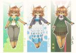 abstract_background ahoge anthro barefoot biped bottomwear brown_body brown_eyes brown_fur clothed clothing deer dress feet female fur hair hooves jacket japanese_text kemono mammal midriff multicolored_body multicolored_fur multiple_outfits open_clothing open_jacket open_topwear pants red_hair shirt skirt smile solo text topwear translation_request two_tone_body two_tone_fur utsuki_maito white_body white_fur wide_hips