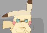 2019 5_fingers ambiguous_gender bodily_fluids fingers front_view generation_1_pokemon get_it_go grey_background nintendo pikachu pokemon pokemon_(species) reaching_towards_viewer red_cheeks simple_background solo sweat sweatdrop yellow_body