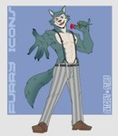 2024 abs anthro areola artist_name barazoku beastars bedroom_eyes biceps border bottomwear canid canine canis claws clothed clothing english_text eyebrows flower footwear fur grey_background hi_res holding_flower holding_object holding_rose legoshi_(beastars) male mammal muscular muscular_anthro muscular_male narrowed_eyes nipples open_mouth open_smile outcast-stars pants pecs pinup plant pose raised_finger raised_pinky rose_(flower) scar seductive shoes simple_background smile solo standing suspenders suspenders_on_nipples teeth text topless topless_anthro topless_male tuft white_border wolf