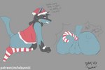 anthro anus backsack balls black_body black_fur blue_body blue_fur bodily_fluids bottomless bottomless_male butt candy candy_cane candy_cane_in_ass christmas christmas_clothing christmas_headwear claws clothed clothing costume dessert dialogue ears_up english_text feet food footwear fur generation_4_pokemon genitals hat headgear headwear hi_res holidays lucario male nintendo nsfwbunniii object_insertion pattern_clothing pokemon pokemon_(species) question rear_view santa_costume santa_hat shaking side_view simple_background smile socks solo speech_bubble striped_clothing stripes surprise sweat sweatdrop tail tan_body tan_fur teeth text trembling