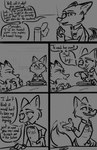 2022 anthro canid canine chair comic conditional_dnp dialogue disney duo eating eating_food english_text fan_character female food fox furniture hi_res mammal michelle_densmore monochrome mrs._wilde red_fox sandwich_(food) smile smirk snapping_fingers speech_bubble table tail tail_motion tangerine_(artist) text true_fox zootopia