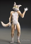 3d_(artwork) anthro collar digital_media_(artwork) fur furflection genitals gesture green_eyes hufie(furflection) male mostly_nude nude penis realistic simple_background smile smiling_at_viewer solo standing waving yellow_body yellow_fur