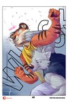 2:3 bastriw blue_eyes canid canine canis comic dialogue english_text eye_scar facial_scar felid fight green_eyes hi_res male mammal martin_(bastriw) nico_(bastriw) pantherine punch scar text tiger url violence wolf