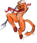 anthro arm_tuft crotch_tuft domestic_cat elbow_tuft eyes_closed featureless_crotch felid feline felis front_view fur hi_res holding_object holding_staff male mammal orange_body orange_fur orange_tail oselotti oselotti_(character) red_scarf scarf signature simple_background solo staff tail tuft white_background