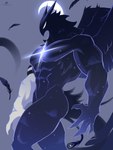 2024 3:4 abs absurd_res anthro black_body black_feathers claws cool_colors feathers featureless_chest finger_claws hi_res klaus_bloodstein male moon muscular pecs simple_background solo star tail white_eyes wings