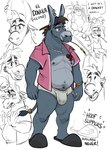 anthro asinus barbell_piercing bulge clothing digital_drawing_(artwork) digital_media_(artwork) donkey ear_piercing english_text equid equine facial_hair hair hat headgear headwear hi_res jewelry male mammal navel necklace nipple_barbell nipple_piercing nipples piercing simple_background sketch speech_bubble standing tail tattoo text underwear zurdomon