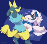 ambiguous_gender ambiguous_penetrated anal anal_penetration anthro arm_grab big_butt blue_body blue_fur bodily_fluids bottomless butt clothed clothing doctor_noc duo eyes_closed fur generation_4_pokemon generation_7_pokemon genitals hair hi_res interspecies lucario lycanroc male male/ambiguous male_penetrating male_penetrating_ambiguous midnight_lycanroc nintendo nude partially_clothed pawsmasher penetration penile penile_penetration penis penis_in_ass pokemon pokemon_(species) red_eyes sex shirt sweat text topwear white_hair yellow_body yellow_fur