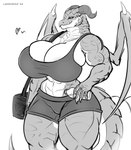 2024 absurd_res anthro big_breasts breasts digital_media_(artwork) dragon female hi_res horn huge_breasts lavochnica monochrome muscular muscular_female mythological_creature mythological_scalie mythology non-mammal_breasts scalie solo sportswear wings