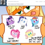 1:1 applejack_(mlp) ask_jappleack blonde_hair blue_body blue_eyes blue_fur blue_hair earth_pony english_text equid equine female feral fluttershy_(mlp) freckles friendship_is_magic fur green_eyes green_hair hair hasbro horn horse hotdiggedydemon long_hair mammal multicolored_hair my_little_pony mythological_creature mythological_equine mythology pink_hair pinkie_pie_(mlp) pony profanity purple_body purple_eyes purple_fur purple_hair rainbow_dash_(mlp) rainbow_hair rarity_(mlp) red_hair short_hair solo text tongue tongue_out tumblr twilight_sparkle_(mlp) two_tone_hair unicorn