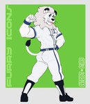 2024 anthro artist_name barazoku baseball_uniform biceps blep boots border bulge butt claws clothed clothing english_text felid flexing footwear fur green_background hi_res leo_(saitama_seibu_lions) lion looking_at_viewer looking_back looking_back_at_viewer male mammal mane mascot muscular muscular_anthro muscular_male nippon_professional_baseball outcast-stars pantherine pinup pose saitama_seibu_lions shoes simple_background smile solo sportswear standing teeth text tight_clothing tongue tongue_out tuft uniform whiskers white_border wristband