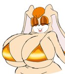 2024 anthro big_breasts bikini breasts cleavage clothed clothing curvy_figure eyes_closed female gold_bikini golden_week head_tuft hi_res huge_breasts lagomorph leporid lipstick long_ears makeup mammal momijizx rabbit sega smile solo sonic_the_hedgehog_(series) string_bikini swimwear tuft two-piece_swimsuit vanilla_the_rabbit voluptuous voluptuous_female