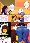 anime_nosebleed anthro ass_up blood bodily_fluids bottomwear bovid bulge butt caprine clothed clothing color_edit colored comic deltarune detailed_bulge dialogue duo english_text erection erection_under_clothing eyewear fangs female freckles genital_outline glasses green_clothing green_shirt green_topwear hand_on_back hard_translated heart_symbol hi_res horn human humor jacket japanese_text kneeling komarukoune kris_(deltarune) larger_female male male/female mammal monster nosebleed on_ground open_mouth pants penis_outline reptile scalie sharp_teeth shelf shirt size_difference smaller_male smile sound_effects speech_bubble surprise susie_(deltarune) sweat teeth tenting text third-party_edit topwear toriel translated undertale_(series)