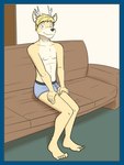 3:4 anthro antlers barefoot black_nose blonde_hair blue_border border briefs briefs_only clothed clothing deer deer_frat_dude_(fuze) feet fur furniture fuze grey_briefs grey_clothing grey_eyes grey_underwear hair hi_res horn male mammal nipples on_sofa sitting smile sofa solo tan_body tan_fur topless underwear underwear_only white_antlers