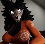 3d_(artwork) anthro big_breasts black_hair bone breasts canid canine cleavage clothed clothing digital_media_(artwork) echodragon female glowing glowing_eyes hair hi_res malo mammal orange_jumpsuit prison_uniform scp-1471 scp-1471-a scp-1471-a_(da.nilkaz) scp_foundation skull skull_head solo tail white_eyes