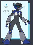 android anthro armor_plates armored_boots blue_body clothing digital_media_(artwork) female grey_body hat headgear headwear hi_res holographic_eyes j4ne_(sealer4258) joints living_machine machine police police_hat police_helmet police_officer robot robot_anthro screen screen_face sealer4258 simple_background solo tail tail_wire text