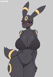 2022 anthro big_breasts black_body black_fur blush bra breasts cleavage clothed clothing cooliehigh eeveelution female fur generation_2_pokemon grey_background hi_res looking_at_viewer midriff multicolored_body multicolored_fur nintendo panties pokemon pokemon_(species) red_sclera simple_background solo thick_thighs two_tone_body two_tone_fur umbreon underwear yellow_body yellow_fur