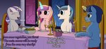 absurd_res dinner english_text equid equine female food friendship_is_magic hasbro hi_res horn horse levitation magic male mammal my_little_pony mythological_creature mythological_equine mythology night_light_(mlp) pony princess_cadance_(mlp) registereduser shining_armor_(mlp) telekinesis text twilight_velvet_(mlp) unicorn winged_unicorn wings