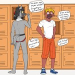 1:1 anthro anthrofied barefoot bottomwear butt clothed clothing dialogue dressing duo english_text feet footwear fuze generation_3_pokemon generation_9_pokemon hi_res jawk_(fuze) jockstrap jockstrap_only locker_room looking_at_another male maschiff nintendo pawl_(fuze) pokemon pokemon_(species) pokemorph poochyena shirt shoes shorts socks standing t-shirt text topless topwear towel towel_around_neck underwear underwear_only