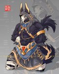 2024 abs anthro bandage black_body black_fur canid canine clothed clothing egyptian egyptian_clothing fur grey_background hands_behind_back hi_res lansanhuai long_tail male mammal mask muscular partially_clothed pecs simple_background skull_mask solo tail text white_eyes