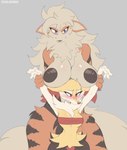 2022 anthro arcanine areola arms_above_head big_breasts biped black_areola black_nipples blue_eyes blush boob_hat braixen breast_size_difference breasts canid canine cooliehigh duo embarrassed female female/female generation_1_pokemon generation_6_pokemon glistening glistening_breasts hi_res holding_arms huge_breasts larger_female mammal nintendo nipples orange_body pokemon pokemon_(species) pokemorph red_eyes simple_background size_difference smaller_female snout white_body