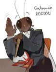 absurd_res alternate_species antennae_(anatomy) anthro arthropod axe blattodea blood bodily_fluids bottomwear brown_body chair clothed clothing cockroach crime_and_punishment furniture furrification hi_res humanoid_hands insect insect_wings kogito male mandibles pants rodion_raskolnikov shirt sitting solo suit table topwear wings