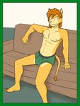 3:4 anthro barefoot blue_eyes border briefs briefs_only brown_hair bulge clothed clothing feet felid fur furniture fuze green_border green_briefs green_clothing green_underwear hair hi_res inside lion lion_frat_dude_(fuze) male mammal navel nipples on_sofa orange_body orange_fur pantherine pink_nose sharp_teeth sitting smile sofa solo tan_body tan_fur teeth topless underwear underwear_only