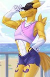 absurd_res anthro bandai_namco black_sclera blue_eyes canid canine clothed clothing digimon digimon_(species) digital_media_(artwork) fur hi_res male mammal renamon solo topwear white_body white_fur yellow_body yellow_fur yukkooart