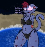 absurd_res anthro bikini camel_toe clothing embarrassed english_text felid feline female glowing glowing_eyes hi_res humanoid hybrid hyena lunarzeclipse lunaz_(lunarzeclipse) mammal multicolored_body night partially_submerged pink_eyes question_mark sand solo swimwear text two-piece_swimsuit water