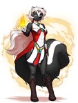 2024 3:4 absurd_res anthro bethellium big_tail black_body black_fur boots clothing digital_media_(artwork) dress female female_anthro fire footwear full-length_portrait fur hi_res jewelry katherine_(bethellium) mammal mephitid mykegreywolf portrait shoes simple_background skunk solo tail white_body white_fur