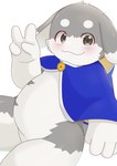 2023 4_fingers anthro blue_clothing blue_topwear blush circle_eyebrows clothing countershading digital_media_(artwork) eyebrows fingers fur gesture grey_body grey_eyes grey_fur hand_gesture hi_res iryu_km kemono lagomorph leporid looking_at_viewer male mammal portrait production_taiikukan rabbit rotta simple_background solo three-quarter_portrait topwear v_sign white_background white_body white_countershading white_fur young