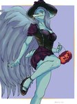 2024 3:4 5_fingers anthro artist_name bent_leg biped blue_body blue_scales bone_frill bottomwear breasts candy_bucket claws clothed clothed_anthro clothed_female clothing colored dark_rya fang_(gvh) feathered_wings feathers female finger_claws fingers frill_(anatomy) goodbye_volcano_high grey_body grey_feathers grey_hair hair halloween hat headgear headwear hi_res holding_object holidays humanoid_hands long_hair looking_at_viewer low-angle_view medium_breasts non-mammal_breasts orange_eyes portrait pose prehistoric_species pterodactylus pterosaur purple_background purple_bottomwear purple_clothing purple_skirt raised_leg reptile scales scalie short_tail simple_background skirt smile solo standing tail three-quarter_portrait three-quarter_view wings witch_costume witch_hat