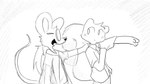 16:9 animal_crossing anthro clothing dialogue dialogue_in_description digital_drawing_(artwork) digital_media_(artwork) dragonweirdo dress_shirt dressing_up duo eyewear female glasses greyscale hand_on_shoulder hi_res male mammal marshal_(animal_crossing) monochrome mouse murid murine nintendo petri_(animal_crossing) rodent sciurid shirt smile t-shirt topwear translucent translucent_clothing tree_squirrel widescreen