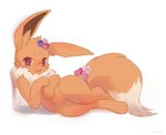 2018 ambiguous_gender ancesra blush brown_body brown_fur chest_tuft digital_media_(artwork) dipstick_tail eevee feral flower fur generation_1_pokemon hi_res looking_at_viewer lying mammal markings multicolored_tail nintendo nude on_side open_mouth open_smile plant pokemon pokemon_(species) reclining shaded simple_background smile solo tail tail_markings thick_thighs tuft white_background