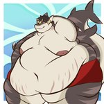 1:1 2024 anthro arm_fins belly big_belly black_hair blonde_highlights border bottomwear clothed clothing cute_fangs digital_media_(artwork) fin fish gills hair hand_behind_head hand_on_hip hi_res highlights_(coloring) huge_belly looking_at_viewer male marine moobs narrowed_eyes obese overweight portrait reppu shark shark_tail short_hair solo stretch_marks tail three-quarter_portrait three-quarter_view topless white_border