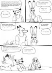 2023 4_toes 5_fingers anthro barefoot bernielover bernielover's_college_au blush breasts canid canine claws clothed clothing comic dialogue disney duo english_text fangs feet female fingers fox fur grin hi_res judy_hopps lagomorph leporid lying male male/female mammal monochrome nick_wilde on_front rabbit red_fox shirt sitting smile speech_bubble t-shirt tail tail_motion tailwag teeth text toes topwear true_fox zootopia